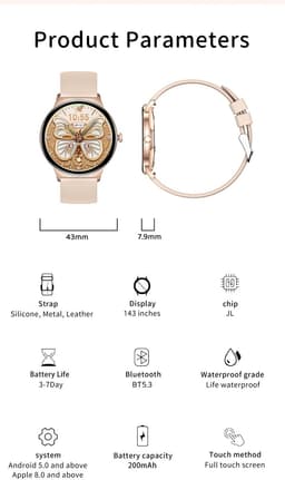 Hibousee Smartwatch voor Dames met Bluetooth Bellen, Gezondheid & Fitness Tracker – Stappenteller, Hartslagmeter, Slaapmonitor – iOS & Android - Incl 3 bandjes — thumbnail 8