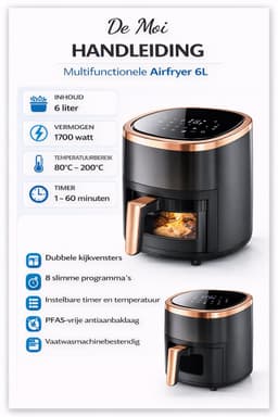 DeMoi Airfryer | Luchtfriteuse XL | 6L inhoud | Multifunctioneel | 80ºC tot 200ºC | 8 Kookfuncties | Zwart — thumbnail 6