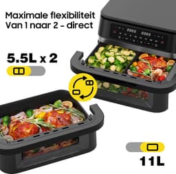 Dewelling Dual Zone Airfryer DUAF-LR-100A – 2950W – 11L XXL Heteluchtfriteuse – Uitneembare Scheidingswand - Zichtvenster — thumbnail 10