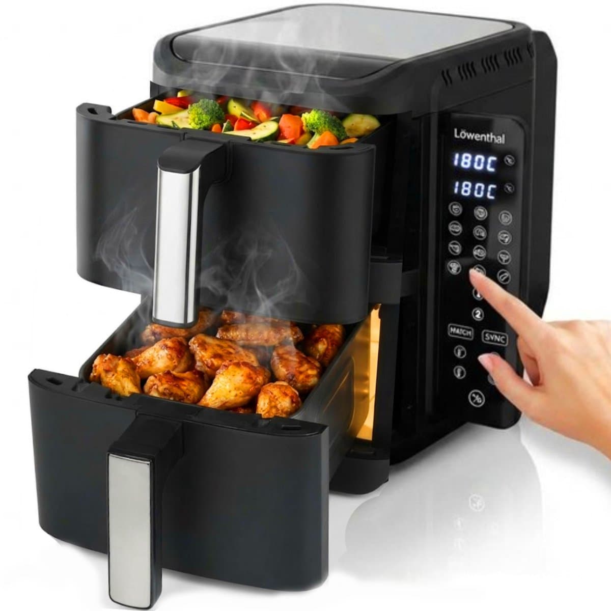 Dubbele Airfryer XXL 11L - BPA & PFAS Vrij - Dual Heteluchtfriteuse XL Tot 8 Personen - Slimme Functies: Smart Finish & Match Cook 60–200°C - Vaatwasserbestendige Manden - Antiaanbaklaag - 2800W - Zwart - Löwenthal — afbeelding 1