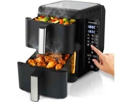 Dubbele Airfryer XXL 11L - BPA & PFAS Vrij - Dual Heteluchtfriteuse XL Tot 8 Personen - Slimme Functies: Smart Finish & Match Cook 60–200°C - Vaatwasserbestendige Manden - Antiaanbaklaag - 2800W - Zwart - Löwenthal