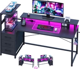 Gaming Bureau met LED Verlichting - 150L x 115H x50B cm - Hoekbureau met Stopcontact - 3 Non Woven Lade - Gaming Desk - Computer Tafel - Gaming Tafel - met Opbergplanken & IJzeren Haak - Zwart - Bureau voor Gamen, Studeren en Werken — thumbnail 1