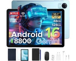 POCKAM P10 Pro - Tablet - 48 GB RAM (8+40 GB) + 128 GB ROM (2 TB/TF) - Android 16 - 10,1 inch HD 120 Hz - 8800 mAh - Gemini AI - T7250 Octa Core - Face ID - Dubbele luidsprekers, complete accessoirebundel met toetsenbord en stylus