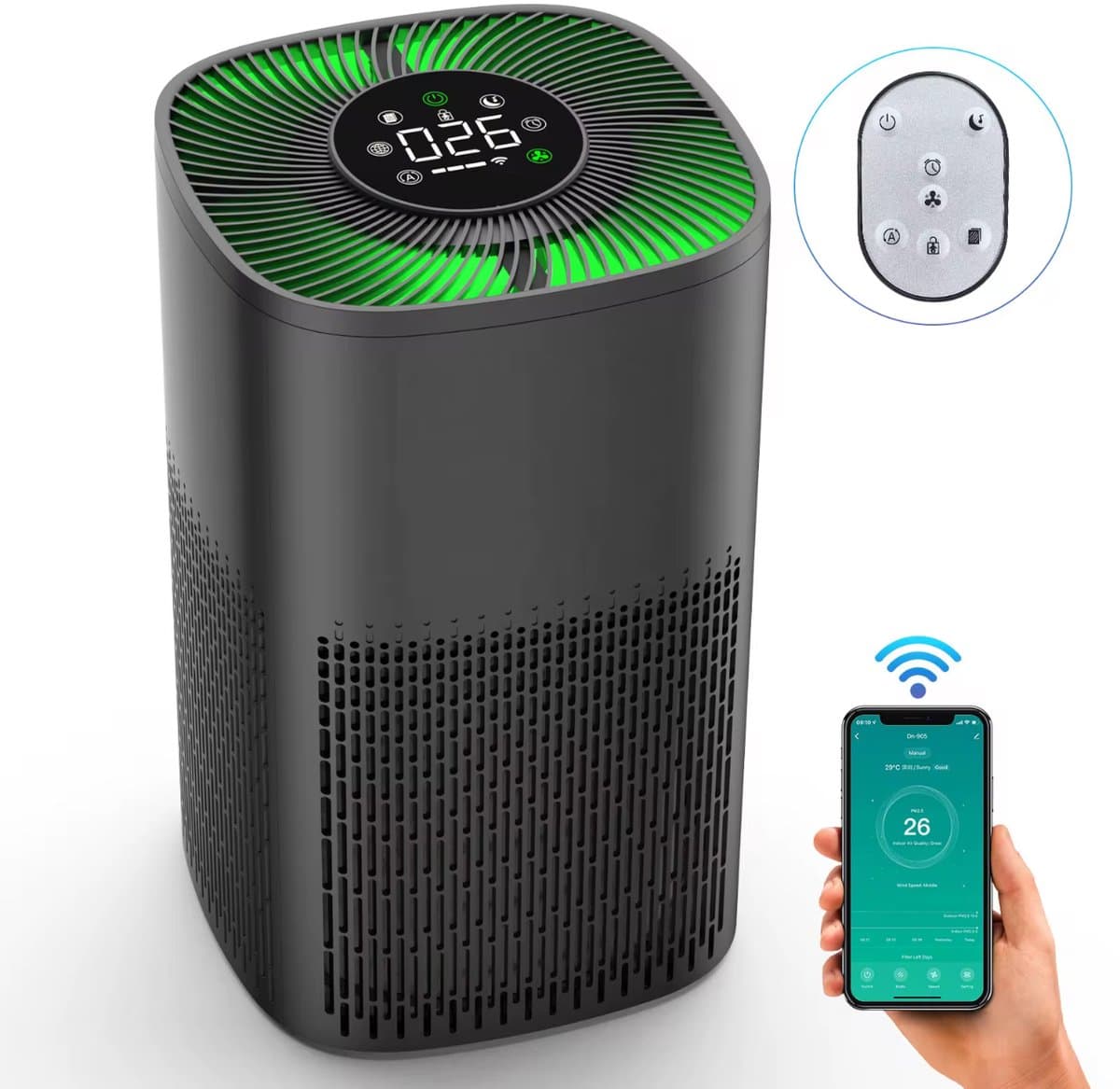 Smart Air Purifier DN-905 - Luchtreiniger met HEPA-filter - Voor Baby & Slaapkamer - Stil (≤ 65 dB) - App & Afstandsbediening - 36 m² Dekking - Zwart — afbeelding 1