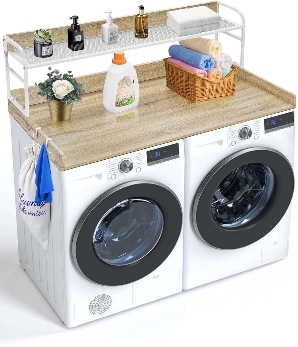 Werkblad voor Wasmachine En Droger met 2-Traps Plank, 137,2 X 68,6 cm Houten Werkblad voor Wasmachine En Droger met Antislipkussentjes, Waterafstotende Wastafel voor EfficiëNt — afbeelding 1