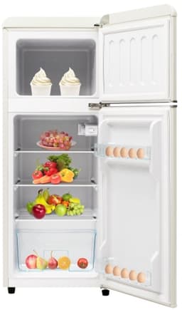 Retro koelkast. Koel-vriescombinatie, 105,5 cm hoog, 41 cm breed, twee deuren, met een totaal volume van 92 liter, vriesvolume van 28 liter. Deurvakken en glazen planken. 116 kWh/jaar, -27 °C ~13 °C, ledverlichting, wit — thumbnail 7