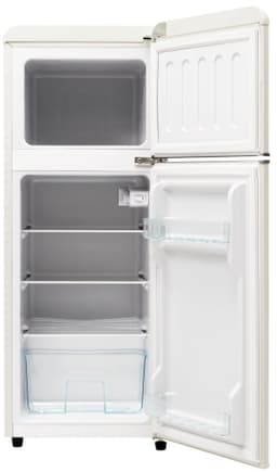 Retro koelkast. Koel-vriescombinatie, 105,5 cm hoog, 41 cm breed, twee deuren, met een totaal volume van 92 liter, vriesvolume van 28 liter. Deurvakken en glazen planken. 116 kWh/jaar, -27 °C ~13 °C, ledverlichting, wit — thumbnail 9