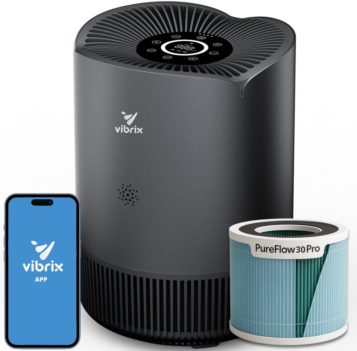 Vibrix PureFlow30 Pro Luchtreiniger / Air Purifier – EPA 14 + koolstoffilter – 180 m³/u – Voor kamers tot 30 m² – Ionisator – App-bediening – Zeer stil met slaapstand – Luchtkwaliteitindicator — afbeelding 1