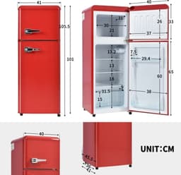retrokoelkast, koel-vriescombinatie, 105,5 cm hoog, 41 cm breed, tweedeurig, met 92 liter totaal volume, 28 liter vriesvolume. Deurrek en glasrek. 116 kWh/jaar, -27掳C ~13掳C, LED-verlichting — thumbnail 3