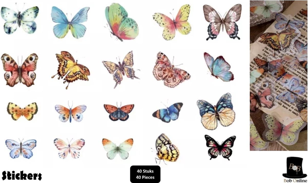 Bob Online ™ - 40 Stuks – Mixed Kleuren Serie - Vlinder Deco Stickers – PET Transparant Vlinder Hars Decals voor Scrapbook – Doe-het- zelf Karten Maken – Decoupage – Laptop Sticker – Fotolijst Deco Stickers – PET Butterfly Stickers – Knutsel Stickers — afbeelding 1