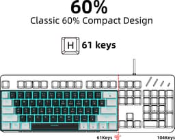 HXSJ V900 - Bedrade Gaming Toetsenbord - Mechanisch - Blue Switch - 61 Keys - QWERTY Toetsenborden - Zwart wit — thumbnail 2