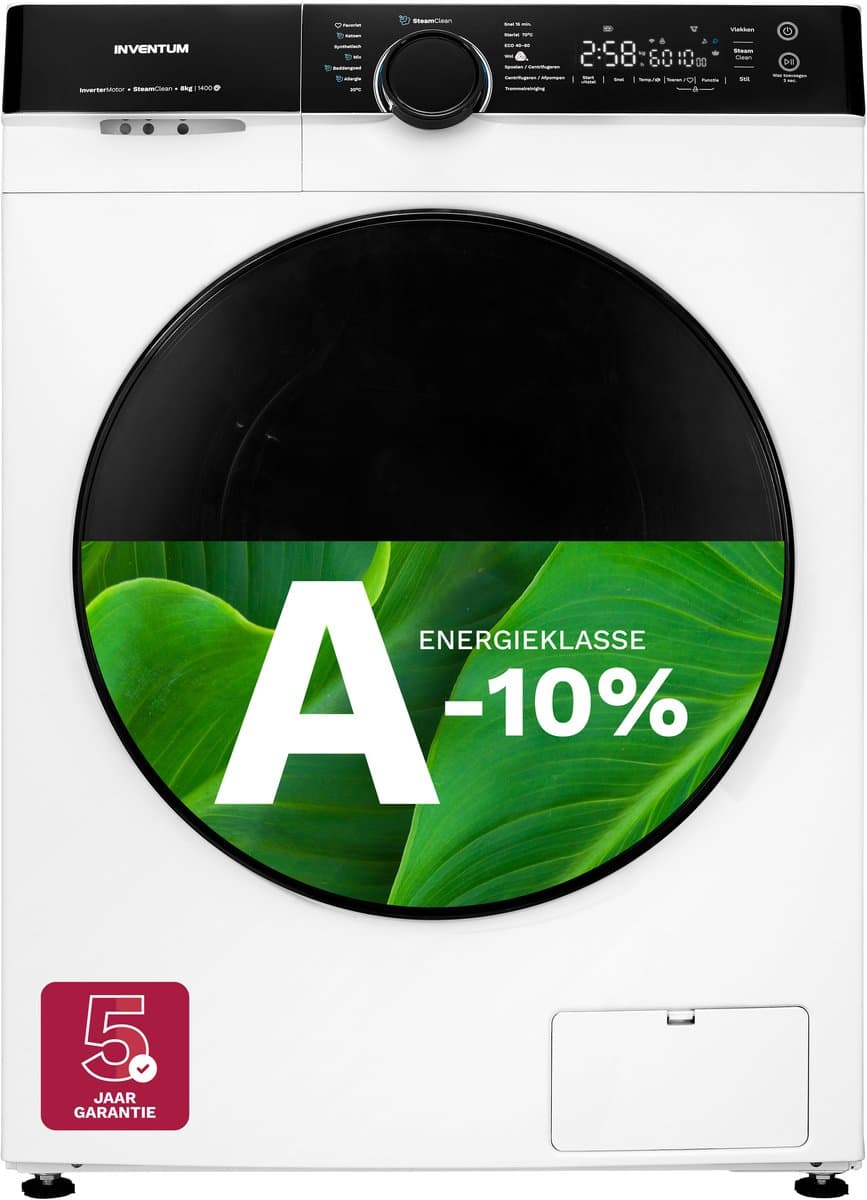 Inventum VWM8010W - Wasmachine - 8kg - 14 programma's - 1400 toeren - Energieklasse A-10% - Steam Clean - Stil: 72 dB - Wit/Zwart — afbeelding 1