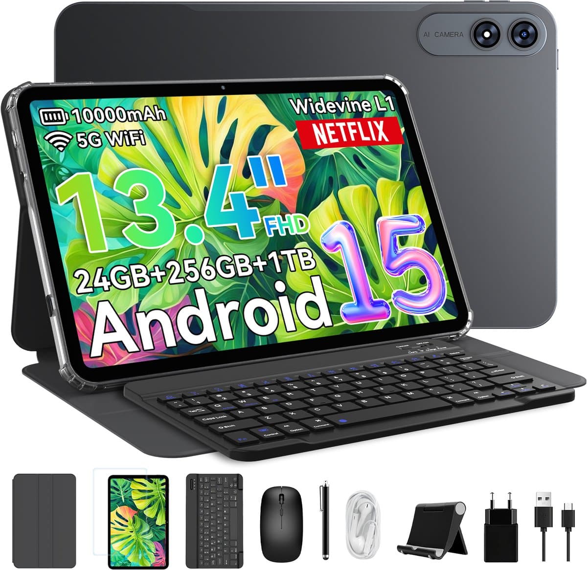 TABWEE Tablet - T60 Pro Tablet - 10000 mAh - 13.4 Inch FHD - 24GB RAM - 256GB ROM - Android 15 Tablet - SD 2TB - 5G WIFI - Grijs — afbeelding 1
