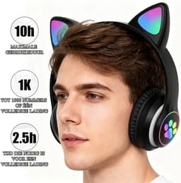 longziming Draadloze Kinder Koptelefoon – Cat Headphones met LED Oortjes – Bluetooth Hoofdtelefoon– Bluetooth 5.0 – Licht Groen – Met Verlichting – Opvouwbare opbergruimte – Zwart — thumbnail 7