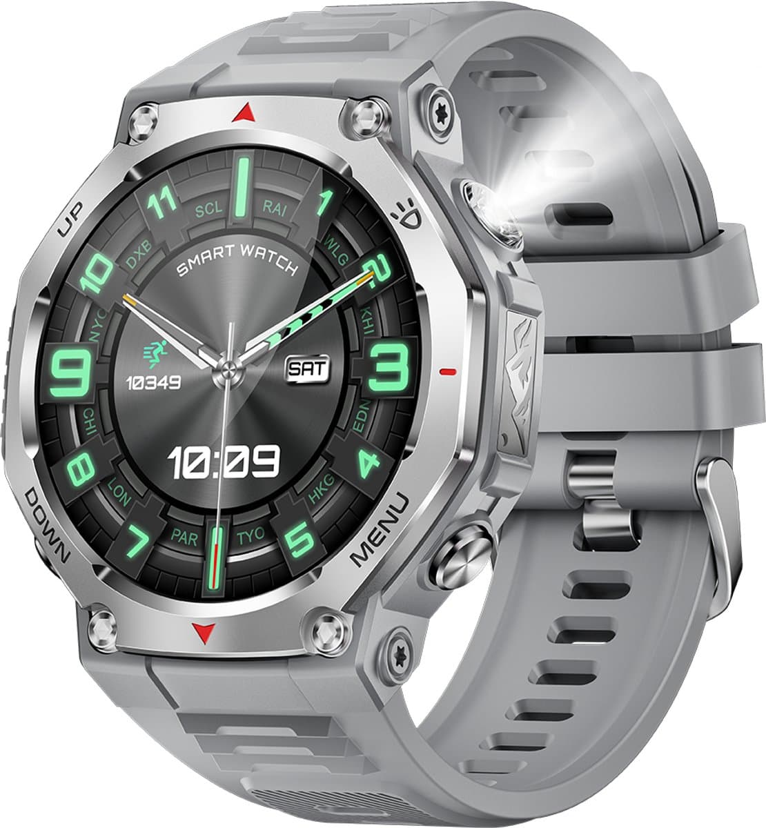 Knobbout 1.43” AMOLED Smartwatch – 466×466 HD Scherm – 5ATM Waterdicht (tot 50m) – LED Zaklamp + UV-Licht + SOS Noodflits – Bluetooth Bellen – 525mAh Lange Batterijduur – Outdoor & Sporthorloge voor Android/iOS-Grijs — afbeelding 1