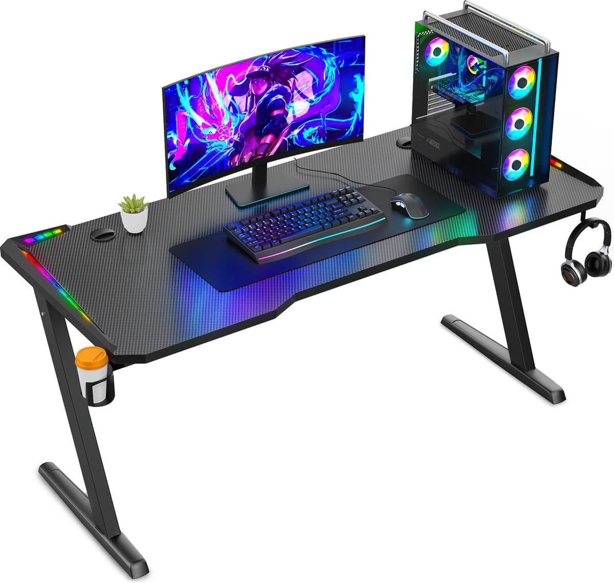 Avalo Gaming Bureau - 140x60x73 CM - Game Desk Met LED Verlichting - Gaming Desk - Tafel - Zwart — afbeelding 1