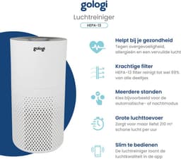 Gologi Luchtreiniger - Air Purifier Tegen Huisstofmijt, Hooikoorts, Allergieën en Stof - Vervangbaar HEPA 13 filter en Koolstoffilter - 210m³/h - Met App - Wit — thumbnail 4