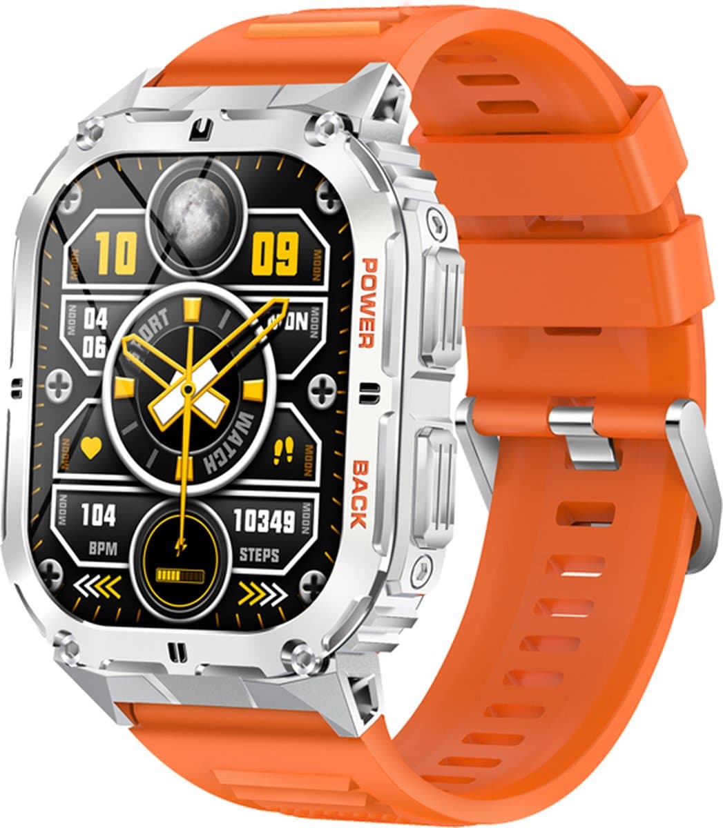 WizBay Premium Select® 1.96 inch AMOLED - Kompas - Bluetooth Bellen - Message - Dynamic Hartslag & Slaap Monitor - Bloeddruk & O2 - 100+ Sport Modi - 650mAh - Magnetic Laden - Zink Alloy Mat Zilveren Kast - Oranje TPU Band — afbeelding 1