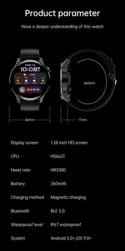DrPhone ModelX5 - Metalen Smartwatch 46mm - A-GPS - Sport Mannen - Touchscreen - Berichten - Bluetooth Bellen + Extra Siliconen Band - Zwart — thumbnail 7