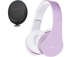 PowerLocus P1 Bluetooth Koptelefoon – Draadloos – Over Ear – Met Microfoon – Inklapbaar - incl. Hoes – Wit/Paars