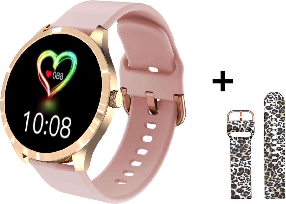 Belesy® BQSiRgPk Pro - Smartwatch Dames – Smartwatch Heren - Horloge - 1.28 inch - Kleurenscherm - Stappenteller - Bloeddruk - Hartslag - 75+ Wijzerplaten – Sporten – Goud – Siliconen – Roze – extra polsband Panterprint - Kerstcadeau — afbeelding 1