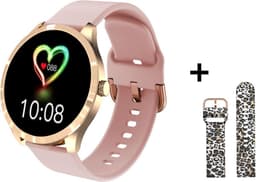 Belesy® BQSiRgPk Pro - Smartwatch Dames – Smartwatch Heren - Horloge - 1.28 inch - Kleurenscherm - Stappenteller - Bloeddruk - Hartslag - 75+ Wijzerplaten – Sporten – Goud – Siliconen – Roze – extra polsband Panterprint - Kerstcadeau — thumbnail 1