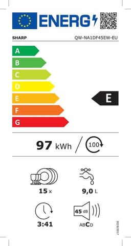 Sharp QWNA1DF45EWEU - vrijstaande vaatwasser - energie label E - 15 couverts - besteklade + topsproeier - wit — thumbnail 2