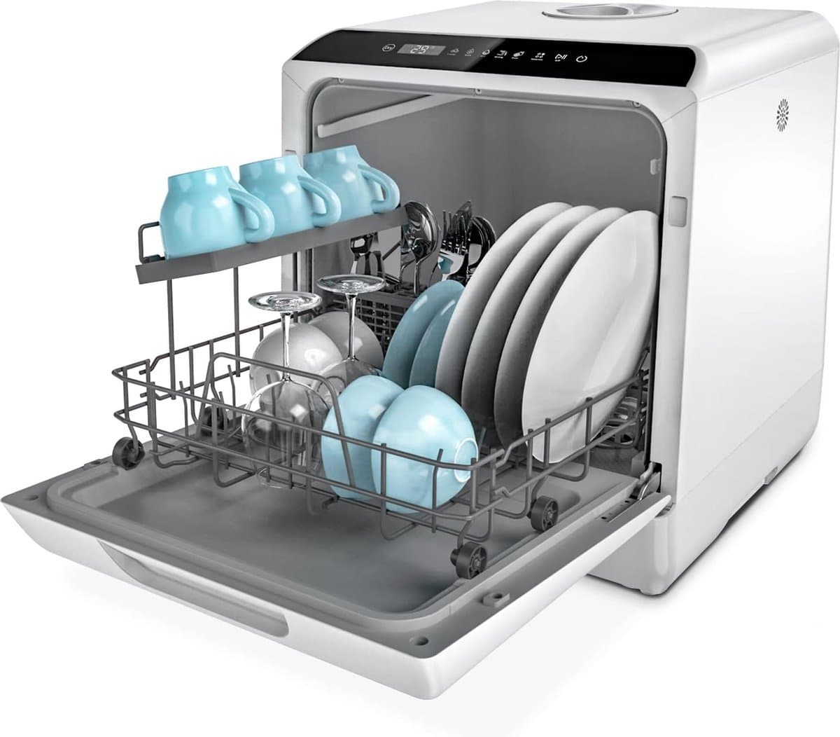 Mini Afwasmachine Tafelmodel - 43 cm Breed - Gebruik Met en Zonder Wateraansluiting - Ruimte voor 4 Besteksets - Ideaal voor Kamperen - Energieklasse F - Wit — afbeelding 1