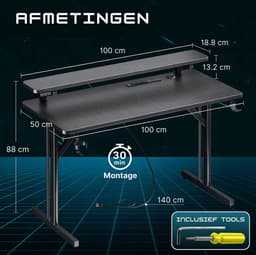 Five Stars® Game Bureau - 100x50x75 cm - Game Bureau met LED verlichting - Zwart Carbon - Gaming Desk - Computertafel - RGB LED Verlichting — thumbnail 2