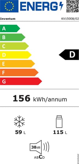 Inventum KV1500B Low Frost energiezuinige koel-vriescombinatie - 150 cm hoog - 174 liter - Energielabel D - Vrijstaand - Zwart — thumbnail 2