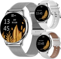 Kiraal Valencia AMOLED Smartwatch voor Dames - RVS, Lederen en Siliconen Bandje - Multisport - Slaapmonitor - Stappenteller - Hartslagmeter - Compatibel met Android en iOS - Zilver en Wit — thumbnail 1