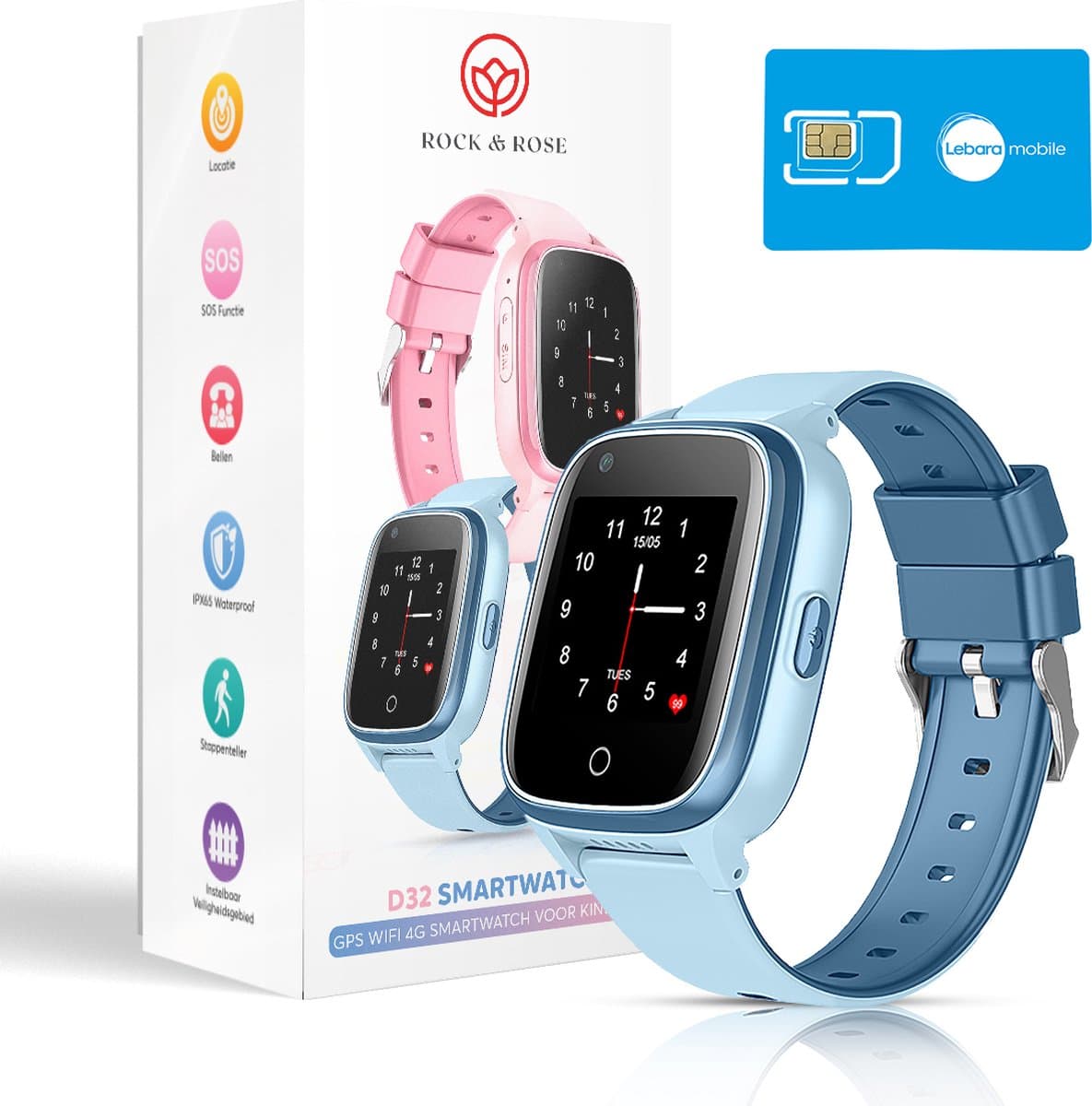 Rock&Rose 4G GPS Horloge Kind - Inclusief Simkaart - SOS Functie - Kinder Smartwatch - Kinderhorloge Jongen Smartwatch - Smartwatch Kinderen - Blauw — afbeelding 1