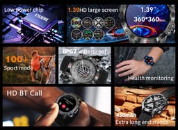 WizBay Premium Select® 1.39inch Sport Smartwatch Dames Heren TFT - Android en iOS - Bellen - Magnetic Laden - Slaap Hart Monitor - O2 Bloeddrukmeter - Sport Modi - Message - Smartwatches - Allu Mat Zwarte Case Blauwe Allu Rim - Zwarte TPU Band — thumbnail 8