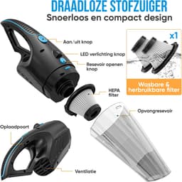 Strex Kruimeldief Draadloos & Snoerloos - Handstofzuiger voor Auto - Kruimelzuiger Nat & Droog - Mini Stofzuiger - 14000PA - HEPA Filter - LED Verlichting - Extra Krachtig - Autostofzuiger met Opzetstukken — thumbnail 10