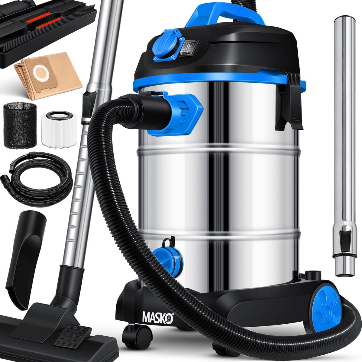MASKO® Alleszuiger Nat- en Droogzuiger 1800W + stopcontact, Blaasfunctie, Droog- & natzuigen | Industriële stofzuiger vuilreservoir 30L Bouwstofzuiger - Blauw — afbeelding 1