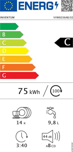 Inventum VVW6036AB vaatwasser - 14 couverts - Bestekmand - 44 dB - 7 programma’s - Deur opent automatisch - Startuitstel - Energielabel C - Vrijstaand - Zwart — thumbnail 2