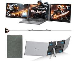 Blackview DCM6 14" Dubbele Draagbare Monitor – Extra Laptopscherm 13-17.3" – Uitbreidingsscherm – Dual Screen – IPS Full HD – Plug & Play – 3x USB-C – Inclusief Kabels & Beschermhoes – Grijs