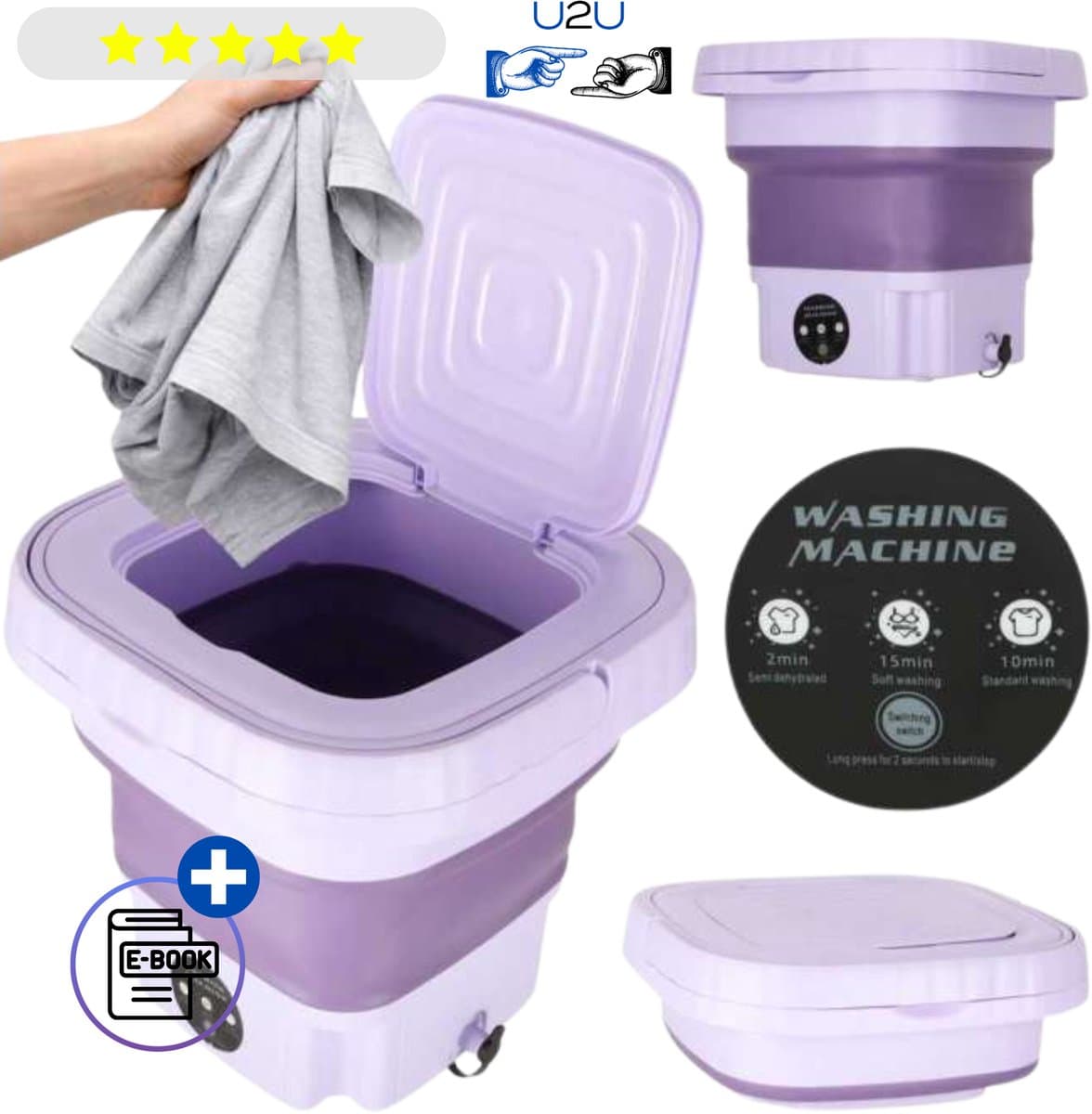 Mini Wasmachine met Centrifuge 8L Paars - Opvouwbare Wasmachine - Kleine Wasmachine - Camping Wasmachine - Wasmachine Draagbaar - Met Ebook — afbeelding 1