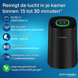 Erikssøn Luchtreiniger Air Purifier Elite - 2x HEPA-14 Filter - Zwart - 240 m3/u - Vermindert Stof En Pollen - Met Hepa Filter - Met Ionisator — thumbnail 2