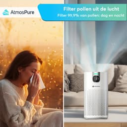 AtmosPure® CleanAir Luchtreiniger - Air Purifier met vervangbaar HEPA 13 + Koolstof filter - CADR 250 m³/h - Wit - Voor 98 m² - Filtert pollen, huisstofmijtallergenen en fijnstof - 3 standen + stille slaapstand - Luchtkwaliteit Sensor — thumbnail 2
