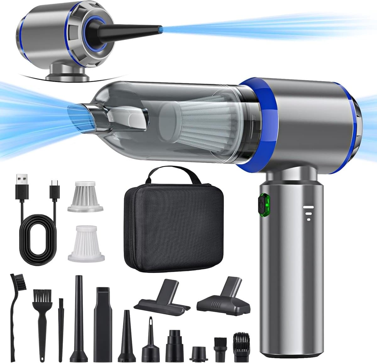 Sander Shop 3-in-1 handstofzuiger accu, 3 snelheden handstofzuiger, draadloos, 15000PA auto stofzuiger sterk, 80000 RPM handheld stofzuiger snoerloze mini stofzuiger voor auto, keuken, pc, bank, kantoor, huis-blauw — afbeelding 1