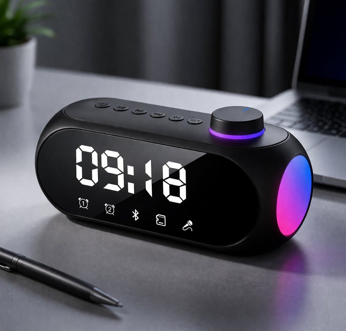 Bluetooth Speaker met Klok en RGB Licht – Draadloze Speaker met Alarmfunctie, FM Radio, AUX & TF Kaart – Compacte Tafel Speaker Zwart — afbeelding 1