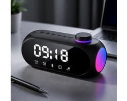 Bluetooth Speaker met Klok en RGB Licht – Draadloze Speaker met Alarmfunctie, FM Radio, AUX & TF Kaart – Compacte Tafel Speaker Zwart