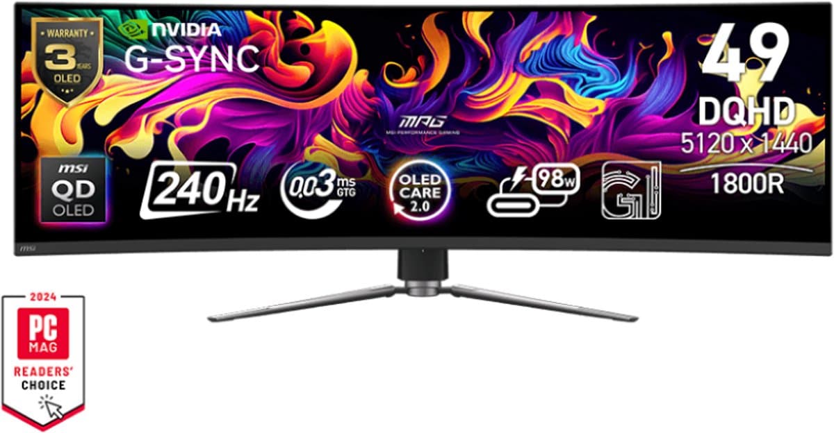 MSI MPG 491CQPX QD-OLED - QD-OLED Curved Ultrawide Gaming Monitor - 240 Hz - 0.03 ms - USB-C PD 98W — afbeelding 1