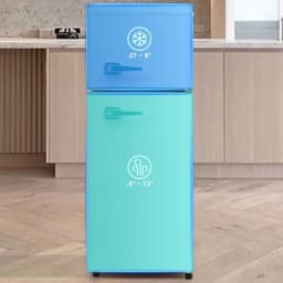 Retro koelkast. Koel-vriescombinatie, 105,5 cm hoog, 41 cm breed, twee deuren, met een totaal volume van 92 liter, vriesvolume van 28 liter. Deurvakken en glazen planken. 116 kWh/jaar, -27 °C ~13 °C, ledverlichting, wit — thumbnail 14