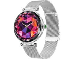 WizBay Premium Select® 1.19inch Smartwatch Dames Heren 1.19inch AMOLED - Android iOS - 14 Zirkonia in Band - Bellen - Magnetic Laden - O2 en Bloeddrukmeter - Sport Modi - Message - Slaap meter - Smartwatches - Zilveren Band - 1 Extra Roze TPU Band