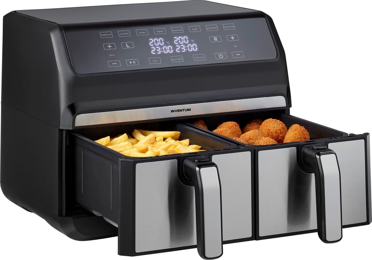 Inventum GF800HLD Dubbele Airfryer XXL - 8L - Dual Cook - Grill- & roosterfunctie - 8 programma's - 80-200 °C - PFAS-vrij - Tot 6 personen - Zwart/RVS — afbeelding 1