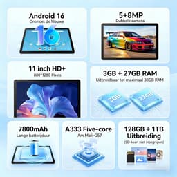 11 inch Tablet - Android 16 Tablets - 128GB - 5G Wi-Fi - 7800mAh - Zwart — thumbnail 6