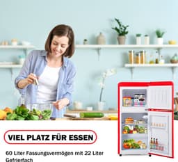 Retro koelkast. Freezer -combinatie. 88,8 cm hoog, 45,5 cm breed, twee dader, met een totaal van 60 liter totaal volume, 22 liter vriezervolume. 102 kWh/jaar, -27 ° C ∽ 13 ° C, LED -licht. Premium rode energieklasse E — thumbnail 7