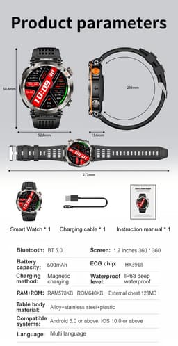 Knobbout 1.7" Outdoor Smartwatch – Digitale Kompas - LED & UV Licht -600mAh batterij - Bluetooth Bellen- IP68 Waterdicht -AI Spraakassistent - Gezondheid & Sportfuncties -Zwart staal + Siliconen Band — thumbnail 2